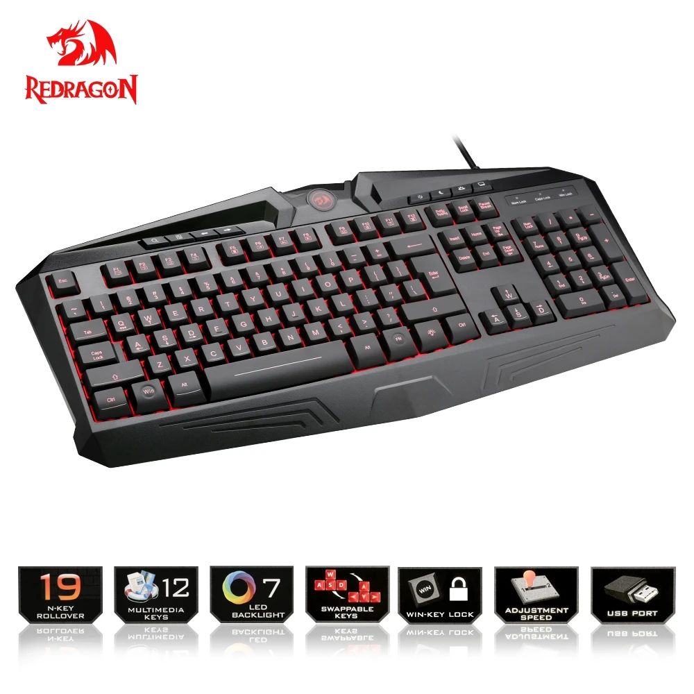

Redragon USB gaming Membrane keyboard ergonomic 7 color LED backlit keys Full key anti-ghosting 104 wired Computer gamer