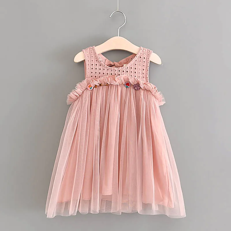 

Hurave causal solid cotton openwork mesh Baby Girls Clothes Children Sleeveless crew neck dress drawstring tutu dresses