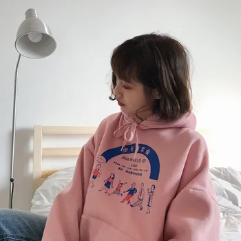 

2 colors 2018 autumn and winter Loose cartoon character print thicking hoodies womens sweatshirts and pullovers (F476)