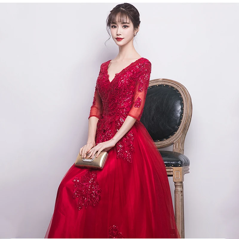 Аппликация стразами бордовый Для женщин Cheongsam вечернее платье-макси пикантные роскошный изысканный тонкий вечернее платье с треугольным вырезом и длинными Qipao