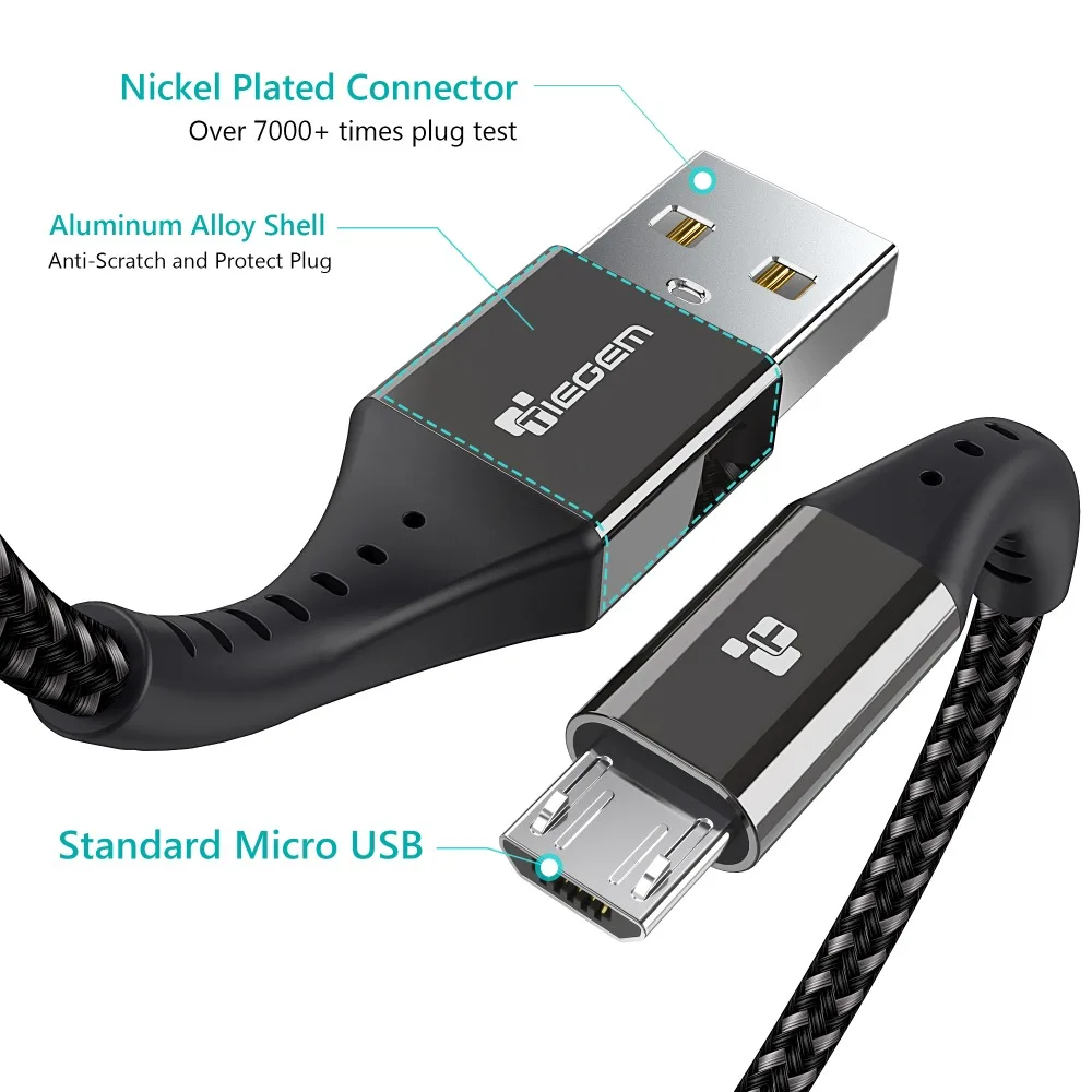 TIEGEM المصغّر USB كابل 2.4A النايلون سريع تهمة USB كابل بيانات لسامسونج Xiaomi شاحن هاتف محمول يعمل بنظام تشغيل أندرويد USB كابل شحن 1 M 2 M 3 M