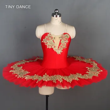 

Sparkling Gold Sequin Ballet Dance Tutu Red Spandex Pancake Tutus for Adult Ballerina Dance Dress Performance Costumes BLL109-2
