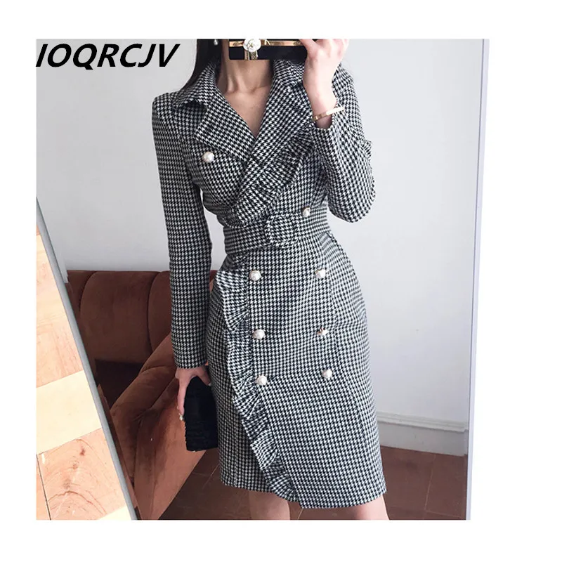 

Fashion New Women Slim Plaid Trench Dresses Double Breasted Ruffles Bodycon Blazer Dress With Belt Elegant Female Office Lady