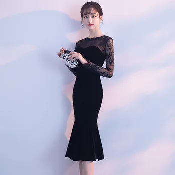 

Black Lace Short Chinese Oriental Party Wedding Female Cheongsam Bridesmaid Evening Dress Elegant Celebrity Banquet Dresses
