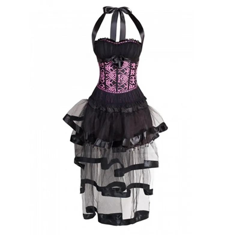 Burlesque Dance Corselet Costumes Formal Dress Pink and Black Halterneck Corset with Burlesque