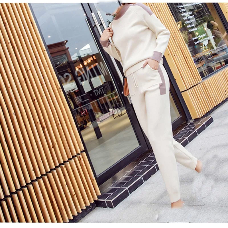 

O-Neck Sweater + Mink Cashmere Trousers Leisure 2019 Two-piece Pants suits Winter Woolen and Cashmere Pattern Knitted warm Suit