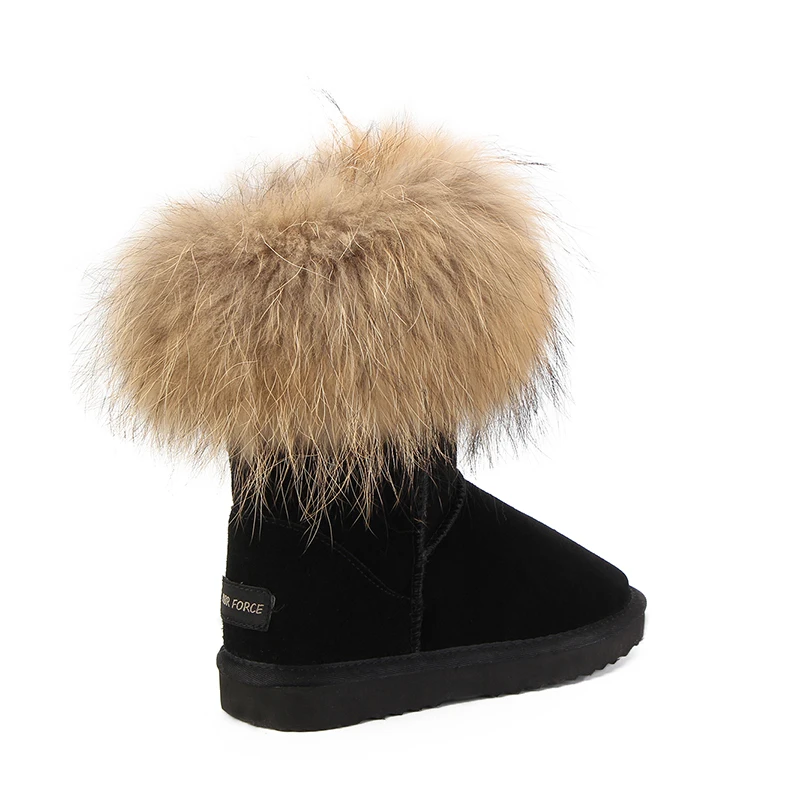 MBR FORCE Fashion Women's Natural Real fox Fur Snow Boots Genuine Cow Leather women Boots Female Warm Winter Boots Shoes