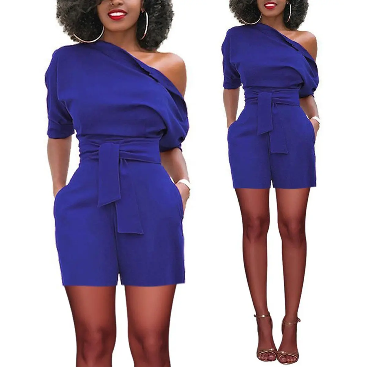 Женские Модные одно плечо Playsuit Дамы летние пляжные однотонные Короткие рукава один кусок шорты одежда - Цвет: Синий