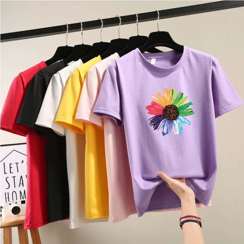 

2019 Summer Popular Flowers T Shirts Women Elegant Floral O-Neck Short Sleeve Tshirt Girls Casual Tops T-shirts Women Tee Shirt