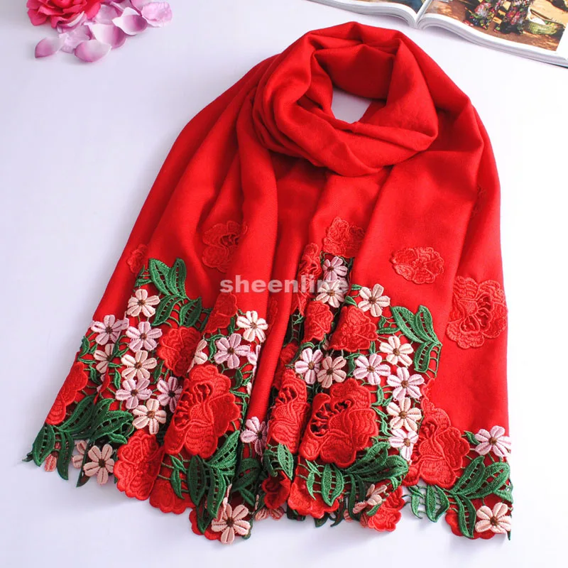 Felted Knit Flower Shawl for Women Floral Embroidery Shawl Embroidered Scarf