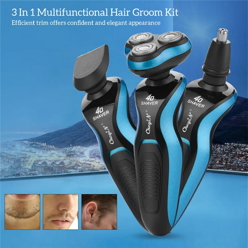 

3 In 1 Washable Rechargeable Electric Shaver 4D Floating Triple Blade Heads Shaving Machine Beard Razor Nose Trimmer Clipper