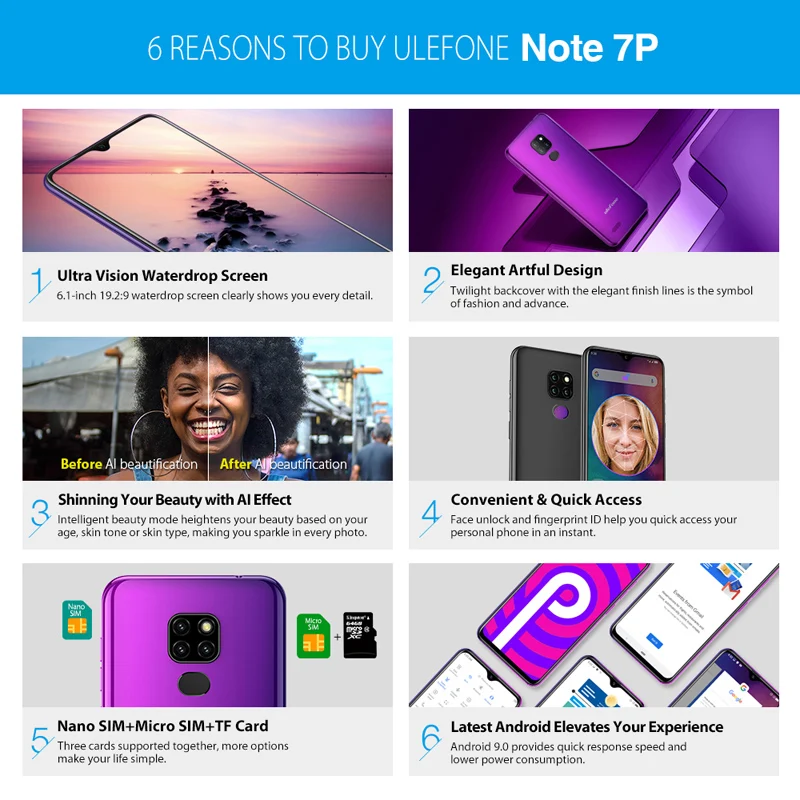 Смартфон Ulefone Note 7P на Android 9 0 четыре ядра экран 3500 дюйма 3 Гб + 32 ГБ 6 1 мАч|Смартфоны| |