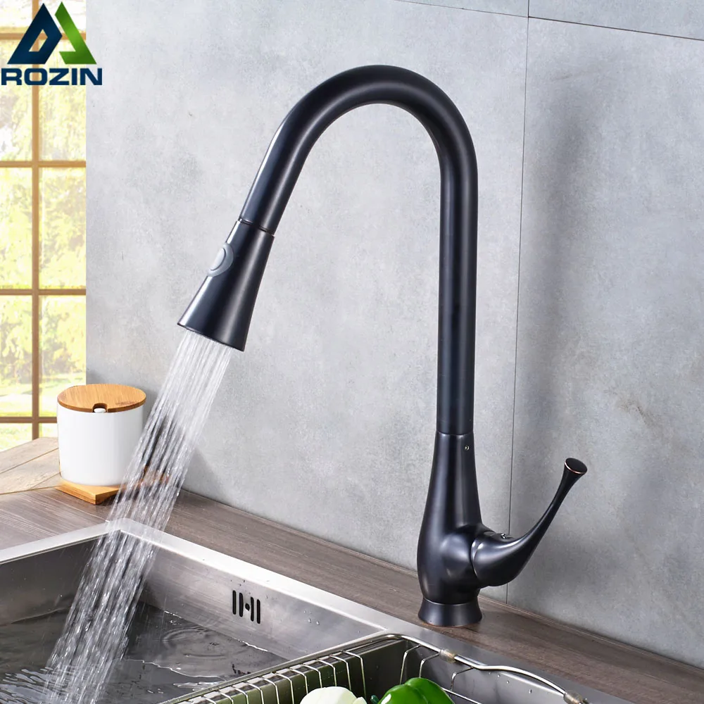 

Deck Mounted Pull Out Kitchen Faucet Single Lever Bathroom Black Kitchen Sink Mixer Sprayer Stream Spout Hot cold Water Tap