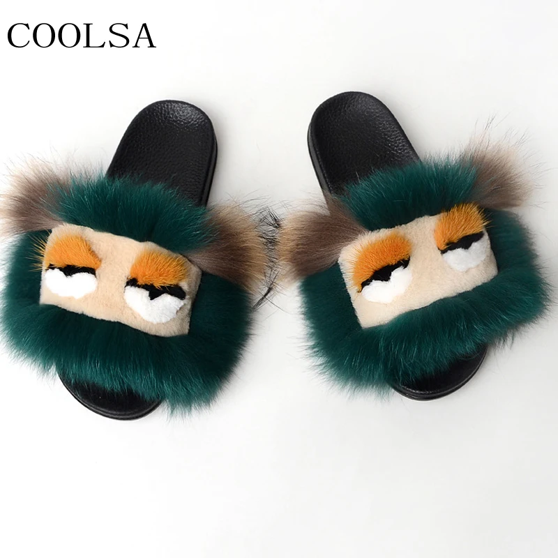 

Women's Winter Fox Fur Slippers Cute Little Monster Fluffy Plush Slippers Warm Indoor Slippers Outdoor Flat Sandals Women Slides