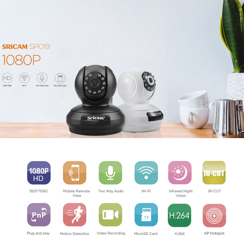 

Sricam SP019 1080P Wireless IP Camera H.264 WiFi Indoor Security Camera P2P PT Support TF Card Home Surveillance Cam