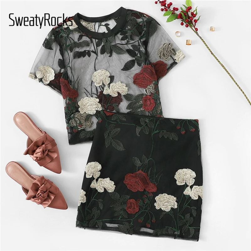

SweatyRocks Floral Embroidered Sheer Mesh Tshirt With Skirt Sexy Two Piece Set 2019 Summer Women Skirt Sets Streetwear Outfits