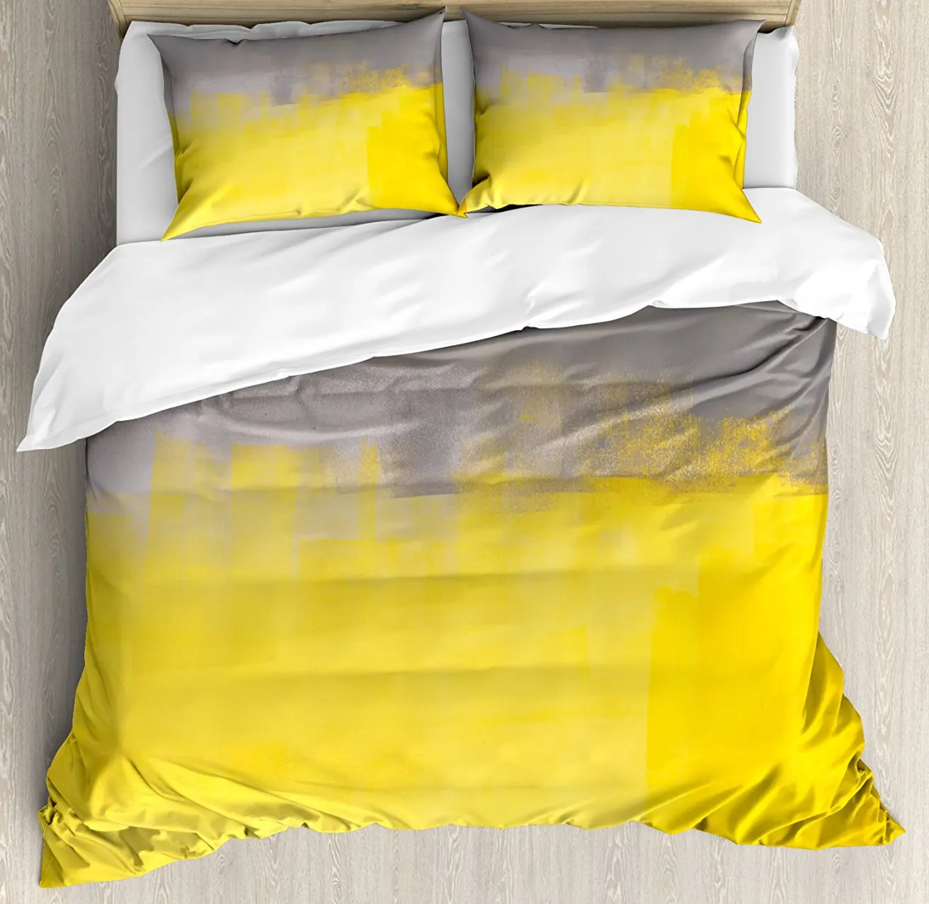 

Grey and Yellow Duvet Cover Set, Grunge Street Style Painting Brush Print Ombre Design Illustration, 4 Piece Bedding Set