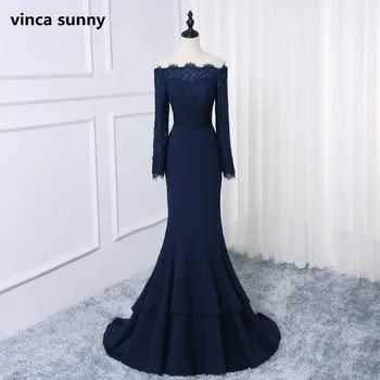 

Navy blue mermaid evening dresses long sleeve lace elegant prom dress Off Shoulder womens formal party dress vestido de festa
