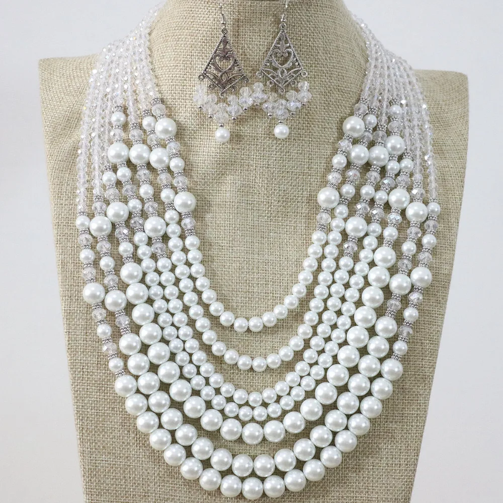 Newly 7 rows necklace earrings white round shell simulated-pearl rhinestone crystal abacus Anniversary elegant jewelry B1296