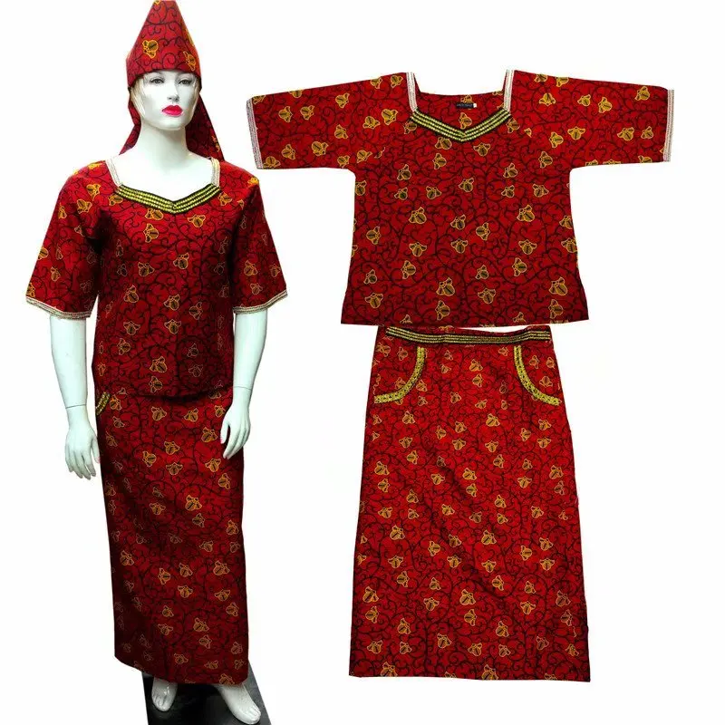 

African Prints Wax Women Dress Short Sleeve Suit Dress Traditional African Prined Clothing With Headtie 1719