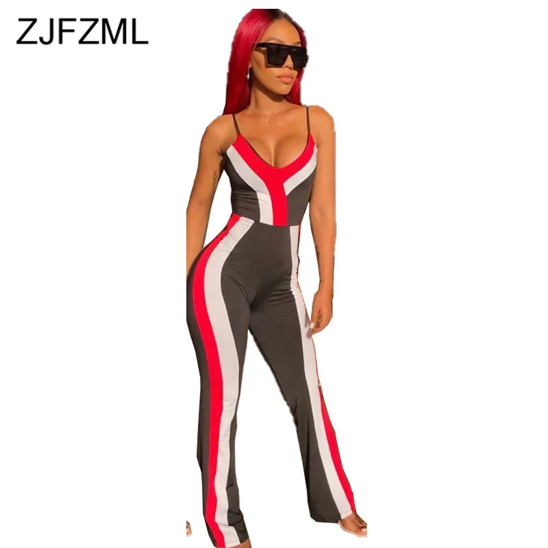 

Contrast Color Sexy Bodycon Jumpsuits Women Spaghetti Strap Backless Skinny Rompers Summer Deep V Neck Sleeveless Party Overalls