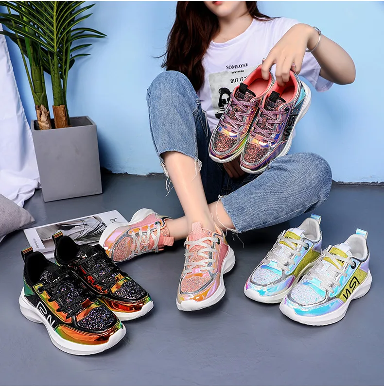 2019 Spring Sneakers Women Shiny Bling Lace-up Flats Shoes Women Basket Femme Trainers Shoes Chunky Sneakers creepers (6)