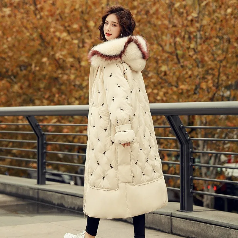 ZURICHOUSE Down Parka Women Long Hooded Fashion Embroidery Warm Natural Big Fur Collar White Duck Down Jacket Winter