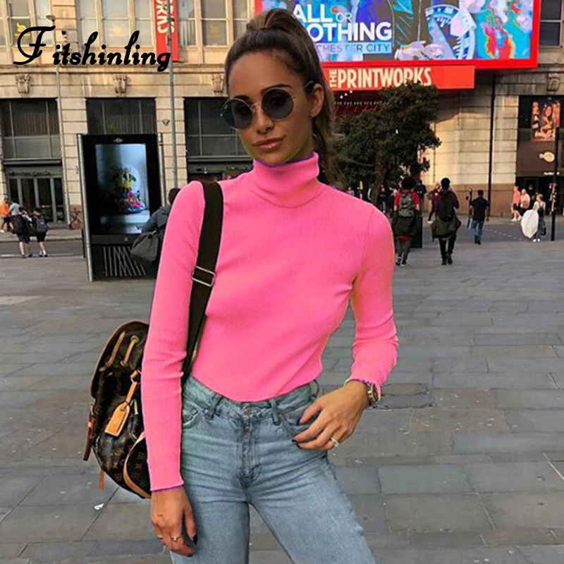 Fitshinling Fashion hot fluorescence t-shirts women tops neon long sleeve slim turtlenecks female t-shirt solid t shirt