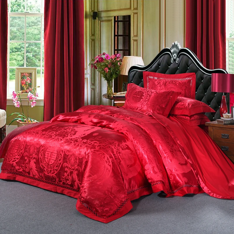 

Dragon Phoenix Chinese Red Jacquard Bedding Silk Cotton Blend Queen King Size 4pcs Duvet Cover Flat Sheet Pillow Case