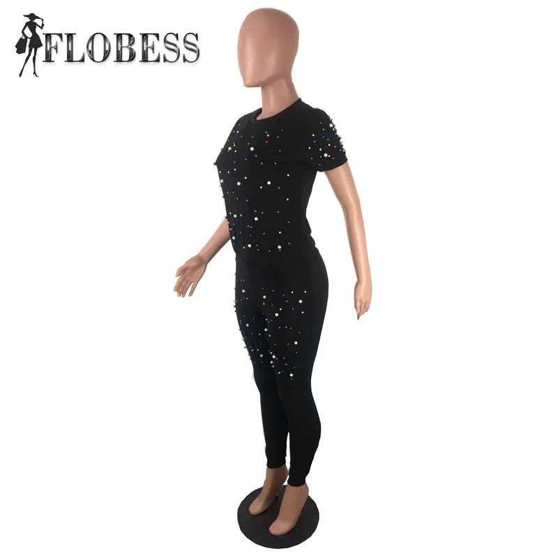 FLOBESS 2018 Women Fashion Rainbow Pearls Beading 2 Pieces Set T Shirt + Long Pants Casual Female Set Lady Club Suit FLOBESS 2018 Women Fashion Rainbow Pearls Beading 2 Pieces Set T Shirt + Long Pants Casual Female Set Lady Club Suit