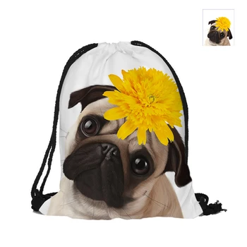 

Cute Puppy Drawstring Backpack Pug In Yellow Chrysanthemum Double Sided Printing Polyester Pouch Backpacks For Travel And School