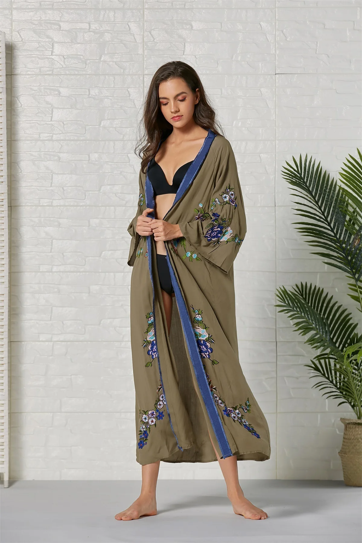 

2019 Suit-dress Heavy Flower Embroidery Army Green Kimono Posimi Second Cardigan dress 0708