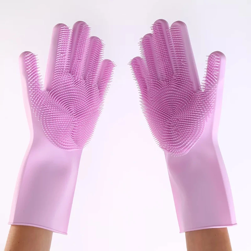 1Pair Silicone Dishwashing Gloves with Wash Scrubber, Reusable Cleaning