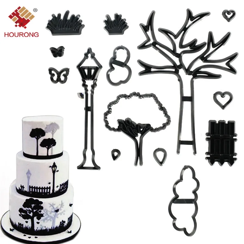 

14PC Park Theme Cookie Cutter Cake Mold Cake Decorating Tools Baking Plastic Plant Tree Grass Street Lamp Fondant Cutter