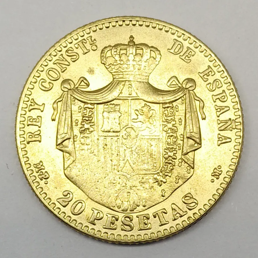 1889 испанская Золотая монета Alfonso XIII King Constl De 20 Pesetas Porlag of God Plated Brass копия подарочные монеты