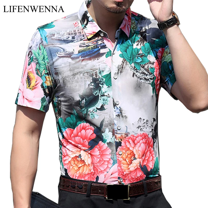 

Plus Size 7XL New Summer Fashion Men's Shirt Slim Fit Men Short Sleeve Floral Shirts Mens Clothes Trend Casual Mens Flower Shirt