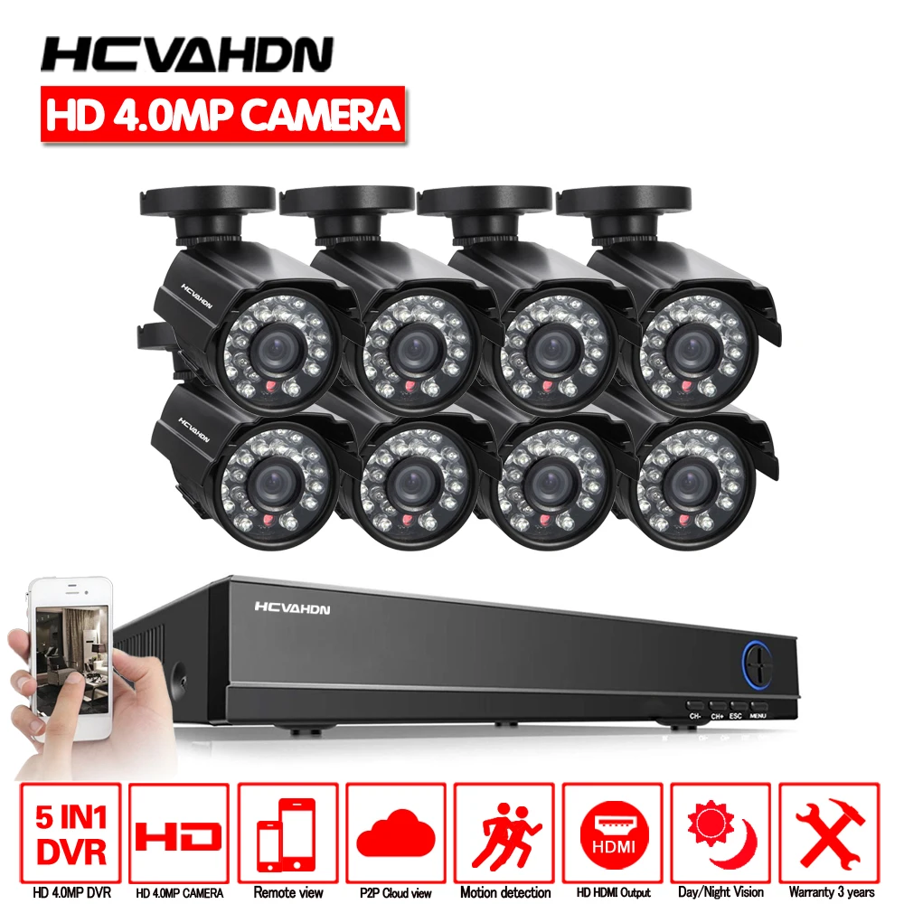 

HCVAHDN 4MP Home Outdoor Security Camera System 8CH HD AHD Kit Video Surveillance Bullet CCTV Camera P2P Camera