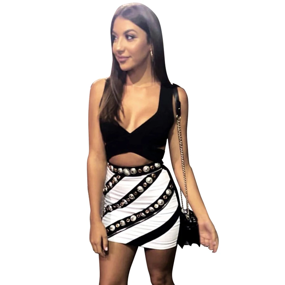 

Women Two Piece Set Sleeveless V Neck Crop Top & Empire Button Color Match Mini Skirts Set Outfit Tracksuit Ensemble Femme