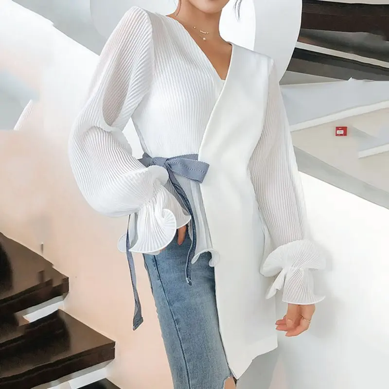 Новая корейская модная офисная блузка женская белая рубашка сексуальный топ с v-образным вырезом и длинным рукавом на шнуровке