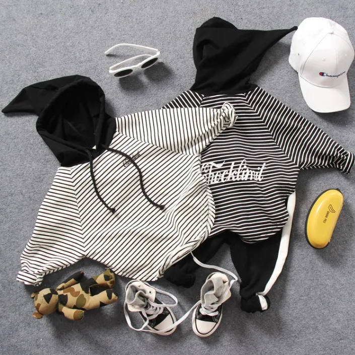 

2-8Y new 2018 autumn boys striped t shirt with hood 1pc spring boys fashion style t shirt children clothing boys sweater