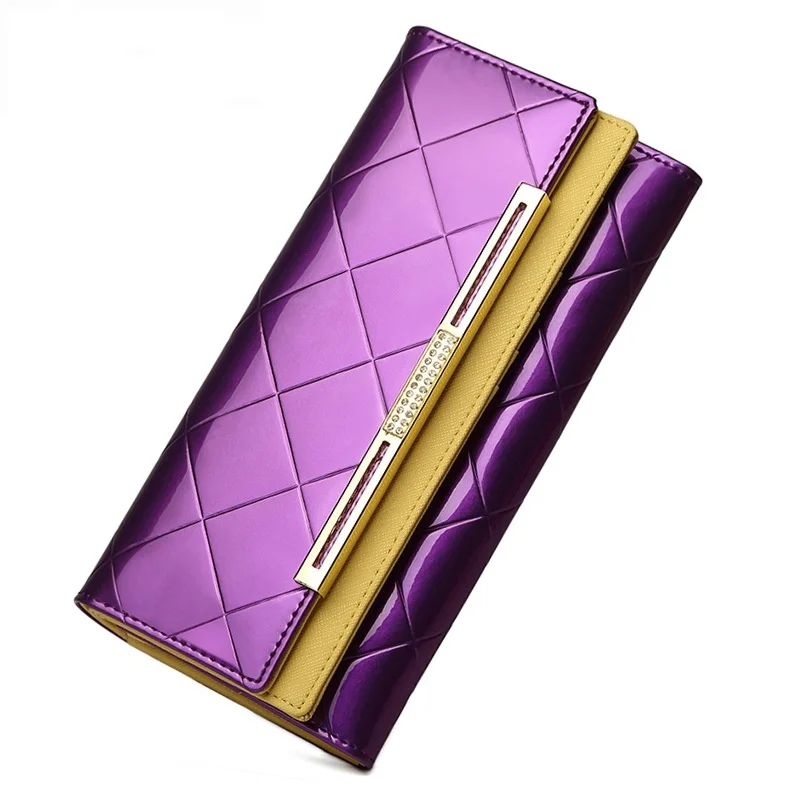 Женские кошельки, Женский кошелек из воловьей кожи, роскошный дизайн, женские вечерние кошельки-клатчи из лакированной кожи, длинный держатель для карт - Цвет: Purple