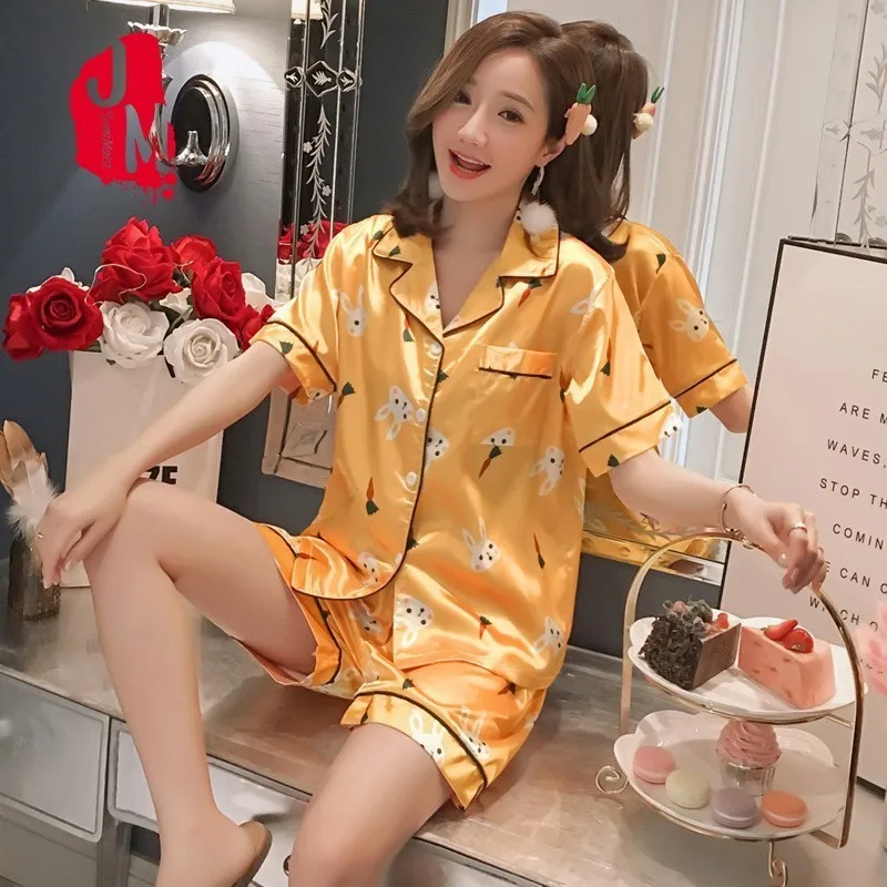 

Summer Silk Satin Pajamas Short Pyjamas Set Flower Sleepwear Pijama Pajamas Suit Female Sleep Lounge Homeewear Big Size L XL XXL