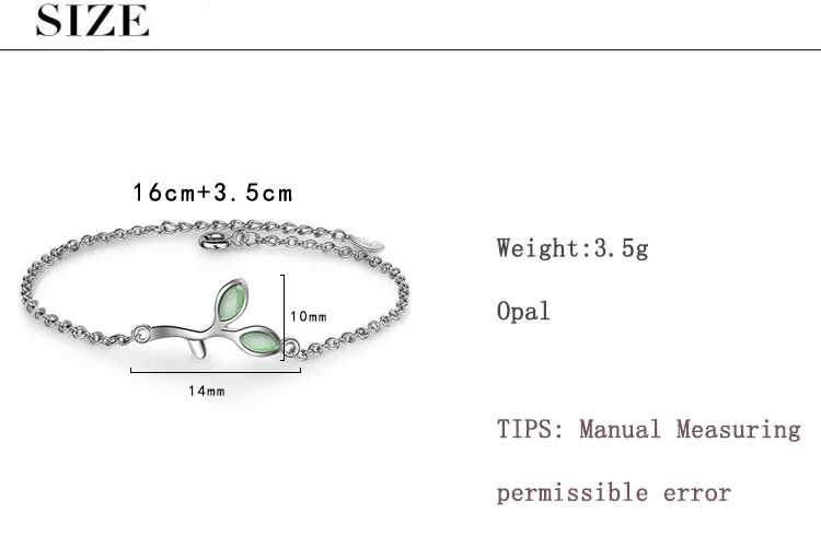 Anenjery Лидер продаж Опал Зеленый лист браслет для женщин девушка 925 пробы Серебряный браслет pulseira S-B188