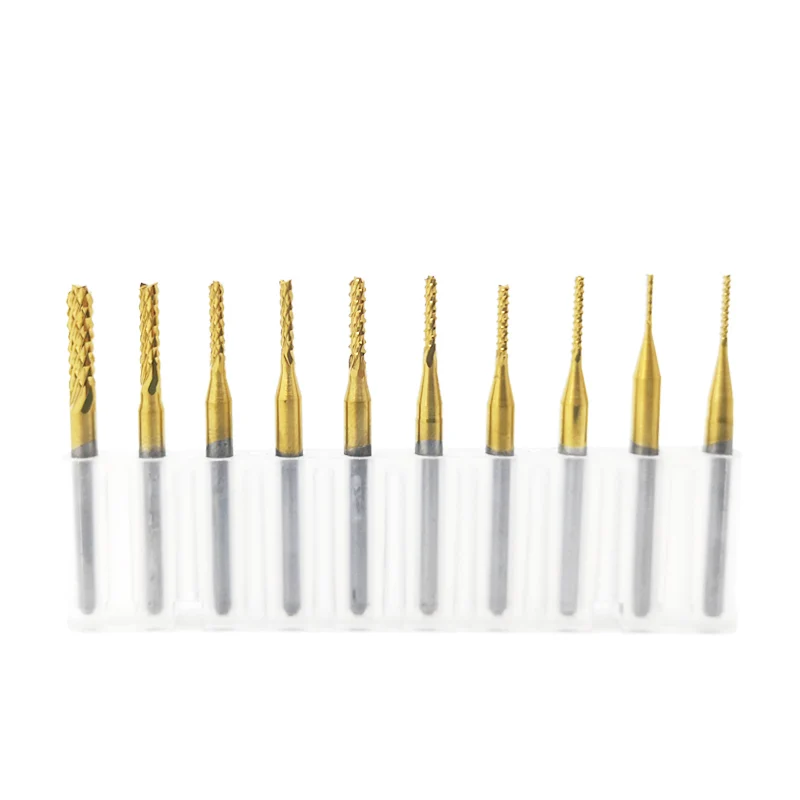 

10pcs/lot 3.175mm TiN Coating Corn end mill Cutter PCB milling bits for PVC PCB CNC router bits 0.8mm to 3.0mm end mill