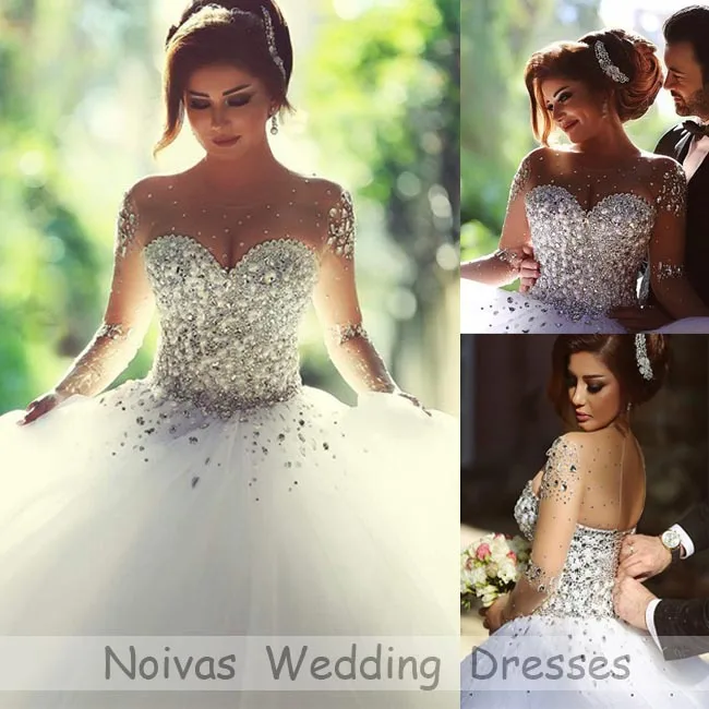 Vestidos De Noiva 2015 Princess Ball Gowns Wedding Dresses Sheer Bling