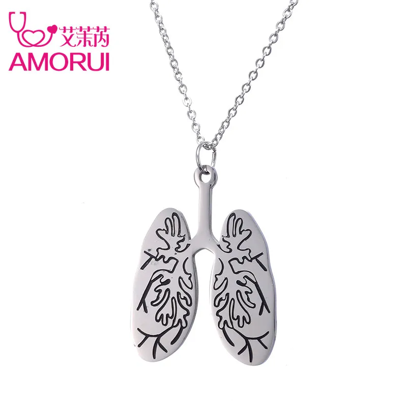 AMORUI Medical Physical Lung Choker Pendant Necklace Women Stainless Steel Gold/Silver Color No Fade Necklaces for Women Gift