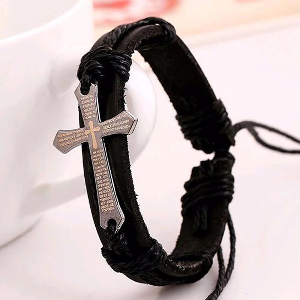 New Fashion Men Women Jewelry Vintage Leather Bracelets & Bangles Metal Cross Jesus Charm Bracelet Adjustable Wax Cord Bracelet - Image 4