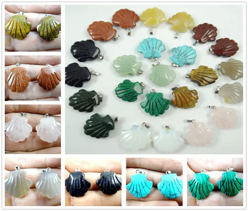 

2PCS Natural stone Shell shape mixed stone pendant gem necklace beads R45