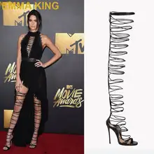 Сексуальные Кендалл Дженнер выше колена босоножки на высоком каблуке сапоги с ремешками и шнуровкой Римские сандалии Party T Stage Show Туфли-лодочки женщина