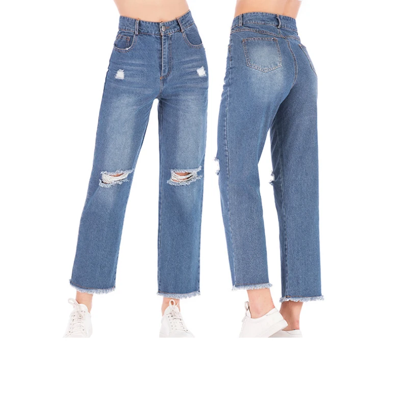 Колено отверстие прямые Ankle Jeans Для женщин Свободные Высокая талия джинсы-бойфренды для Для женщин кисточкой большой плюс размер рваные Уничтожено джинсы - Цвет: Синий